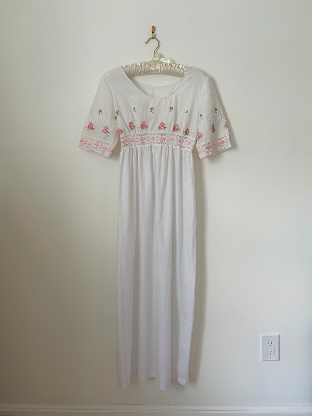 Vintage White Maxi Dress with Pink Floral Embroidery